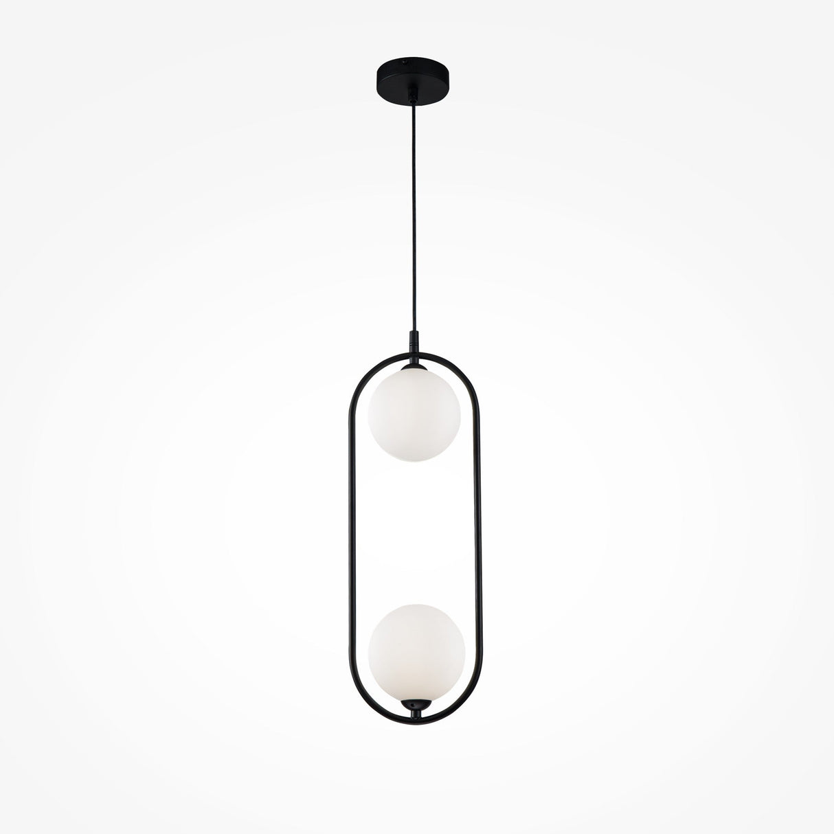 The Ring 2 Light Pendant showcases a sleek black oval frame with two white glass spheres, suspended from a black ceiling mount against a crisp white backdrop.