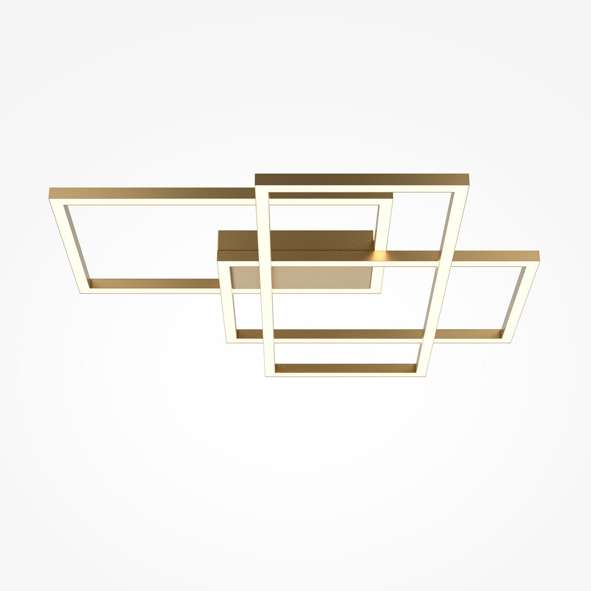 The Rida LED Flush Ceiling Light features a modern overlapping geometric design with three rectangular frames and a sleek gold finish, casting a soft, even glow against a plain white background.