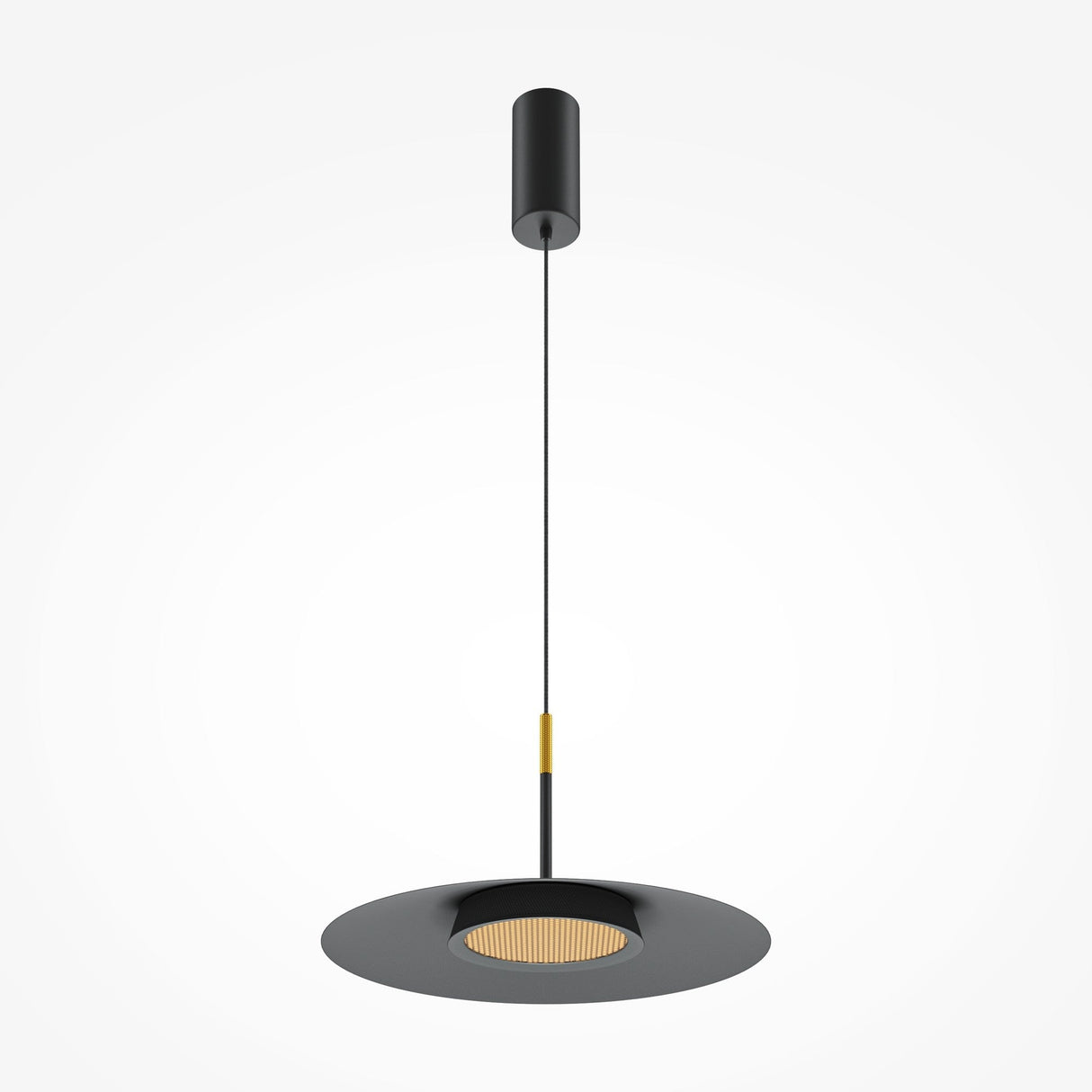 The El LED Round Tablet Pendant Light in black features a modern minimalist design with a cylindrical canopy, slim cable, round flat shade, and energy-efficient LED. The shades center is elegantly detailed with a circular, gold-colored texture.