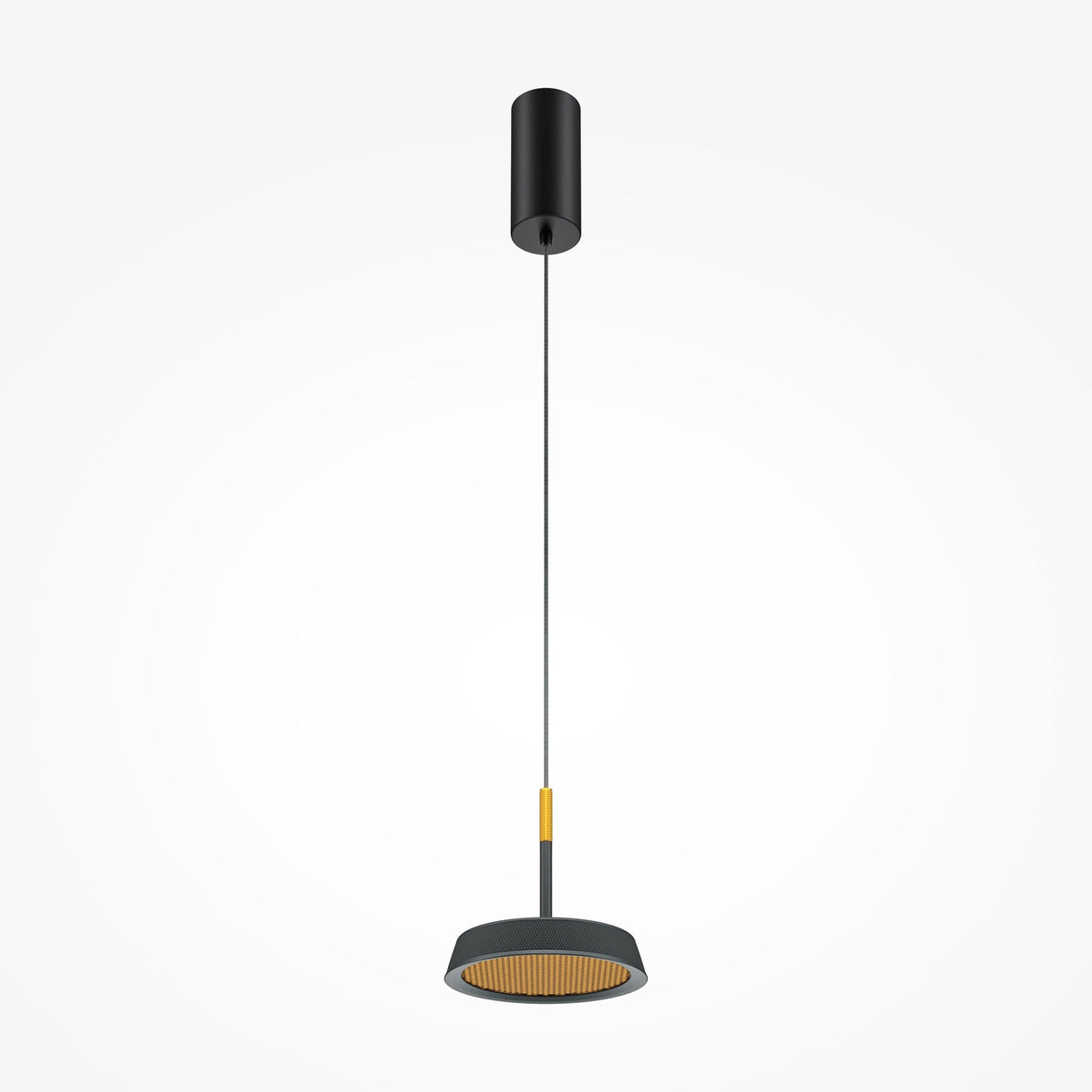 The El LED Round Tablet Pendant Light boasts a sleek black ceiling mount and cylindrical shade with a gold lining, suspended by a thin cord. This elegant and modern lighting piece enhances any interior with simplicity against a white background.