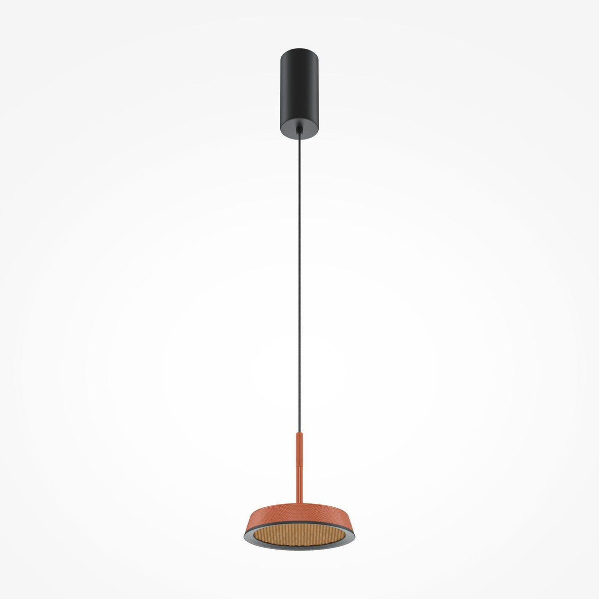 The El LED Round Tablet Pendant Light - Black & Terracotta showcases an industrial and artistic design with a black cylindrical ceiling mount, slim black cord, and terracotta circular shade. Its energy-efficient LED lights up elegantly against a white backdrop.