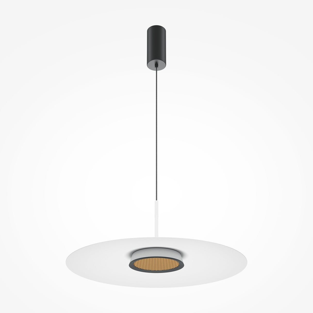 The El LED Round Tablet Pendant Light - White With Plate features an energy-efficient, modern design with a round white shade, cylindrical black top, ribbed texture, and central circular opening. Its elegantly suspended by a thin black cord for contemporary style.