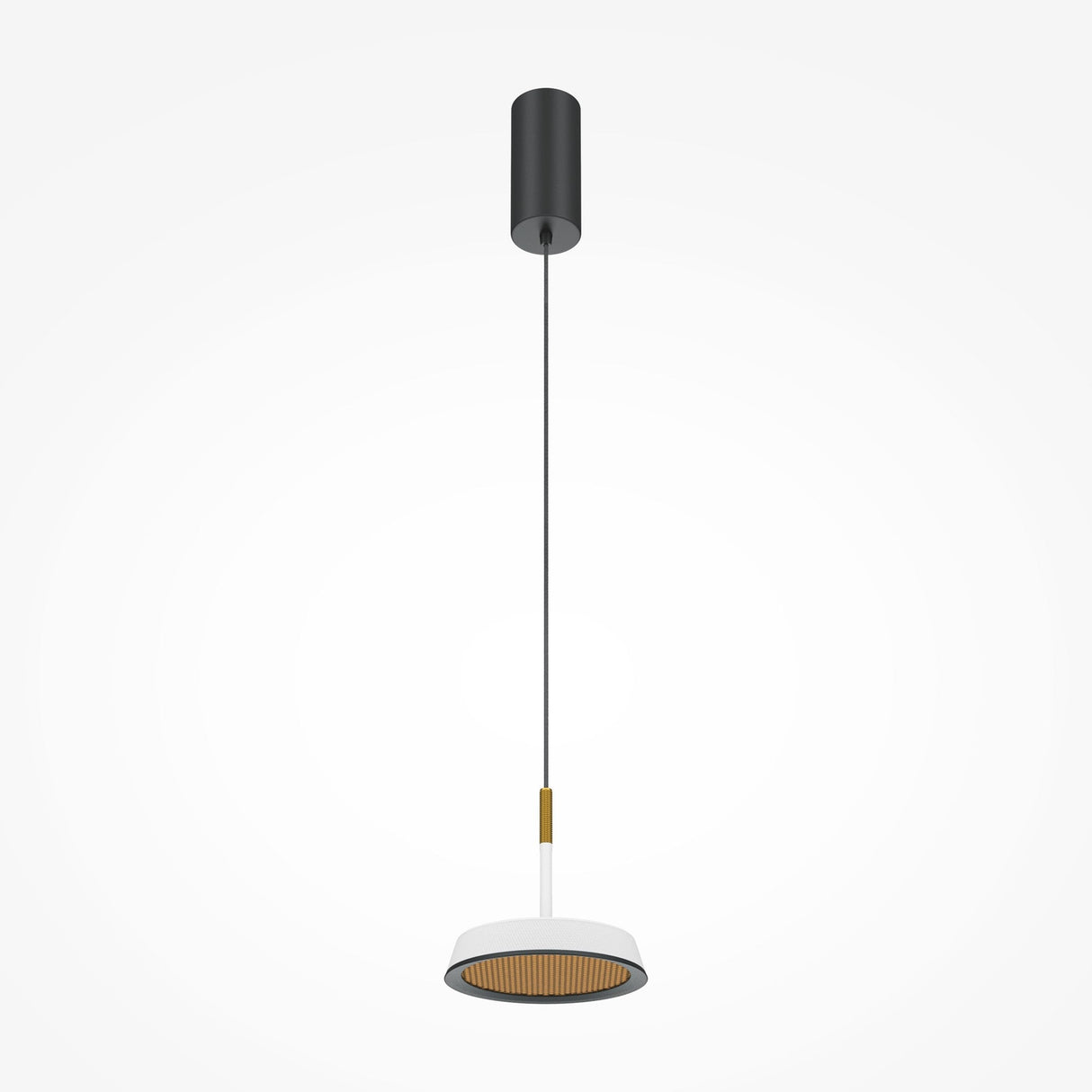 The El LED Round Tablet Pendant Light is a modern interiors marvel, featuring a black cylindrical ceiling mount, slender cable, and a white lamp with a gold interior. Its sleek, minimalistic design provides ambient lighting for any space.