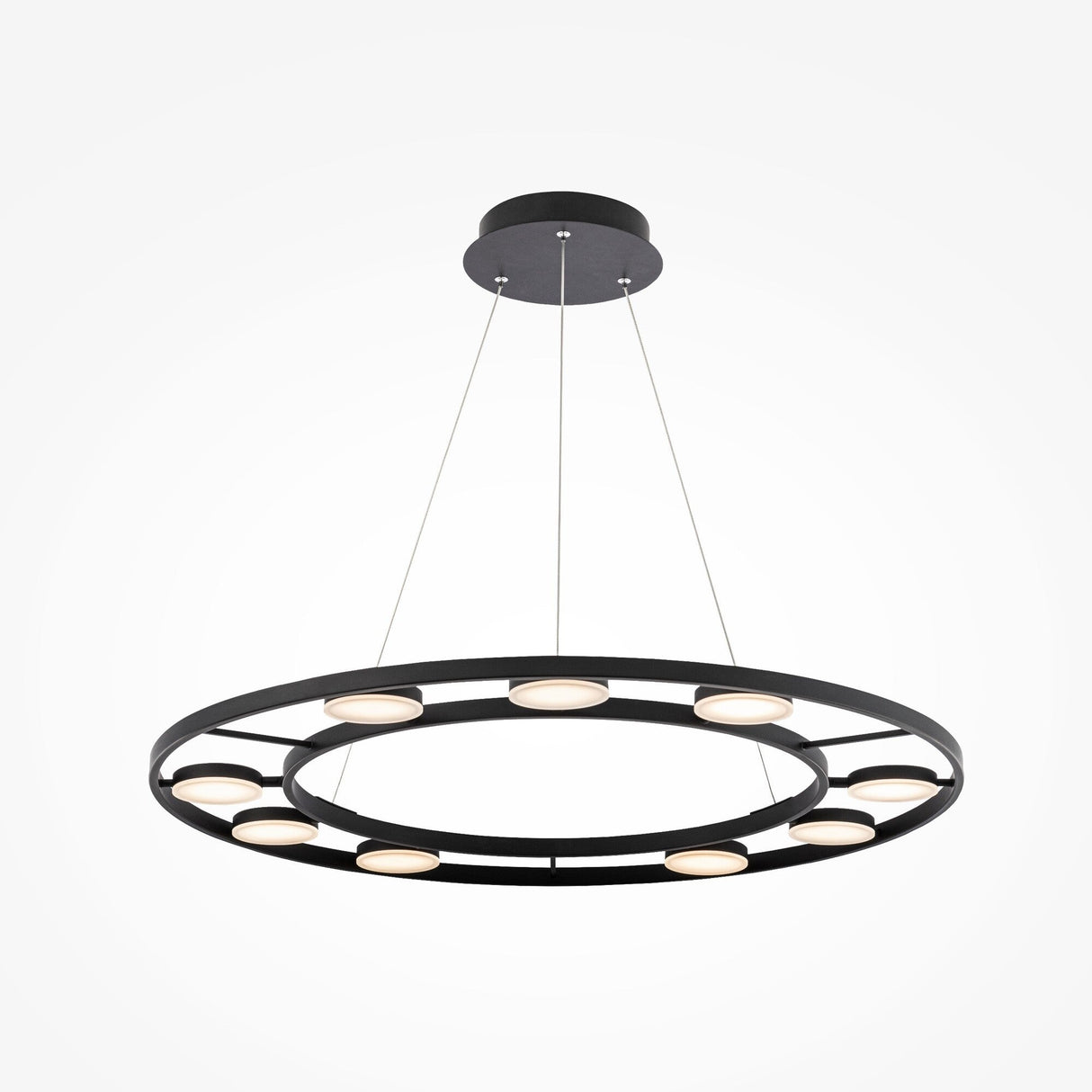 The Fad LED Circular Suspension Light - Black boasts a sleek black metal frame with evenly spaced LED round lights. Suspended by three thin wires, its perfect for those seeking an energy-efficient lighting solution with a minimalist and modern edge.