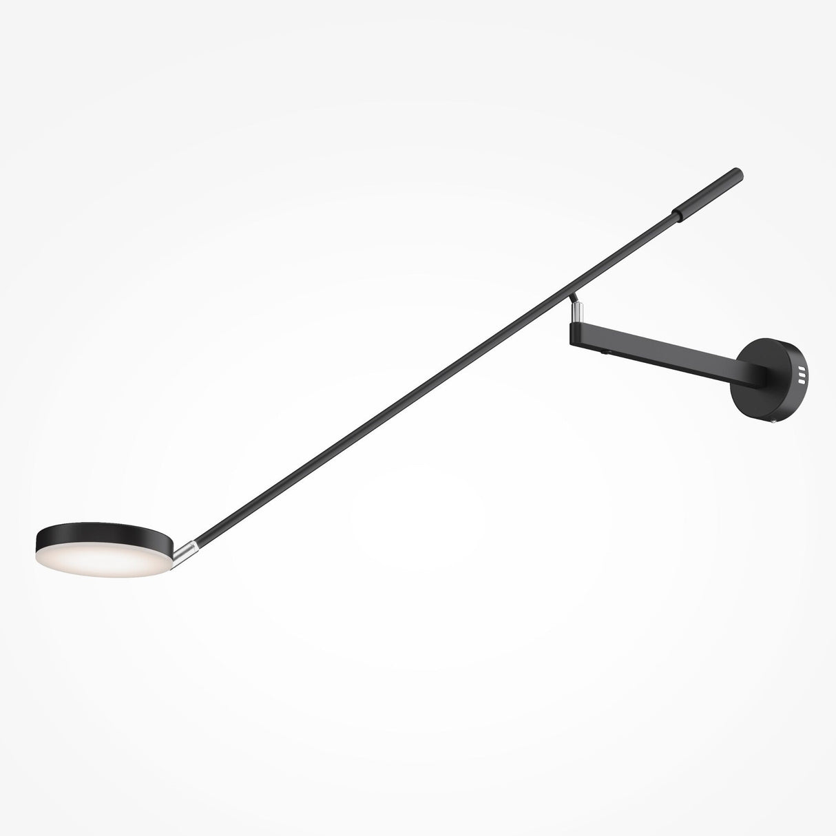 The Fad Dimmable LED Adjustable Long Wall Light in black features a minimalist design with a long, thin arm and circular dimmable LED. With its matte black finish, it extends outward for versatile lighting options.