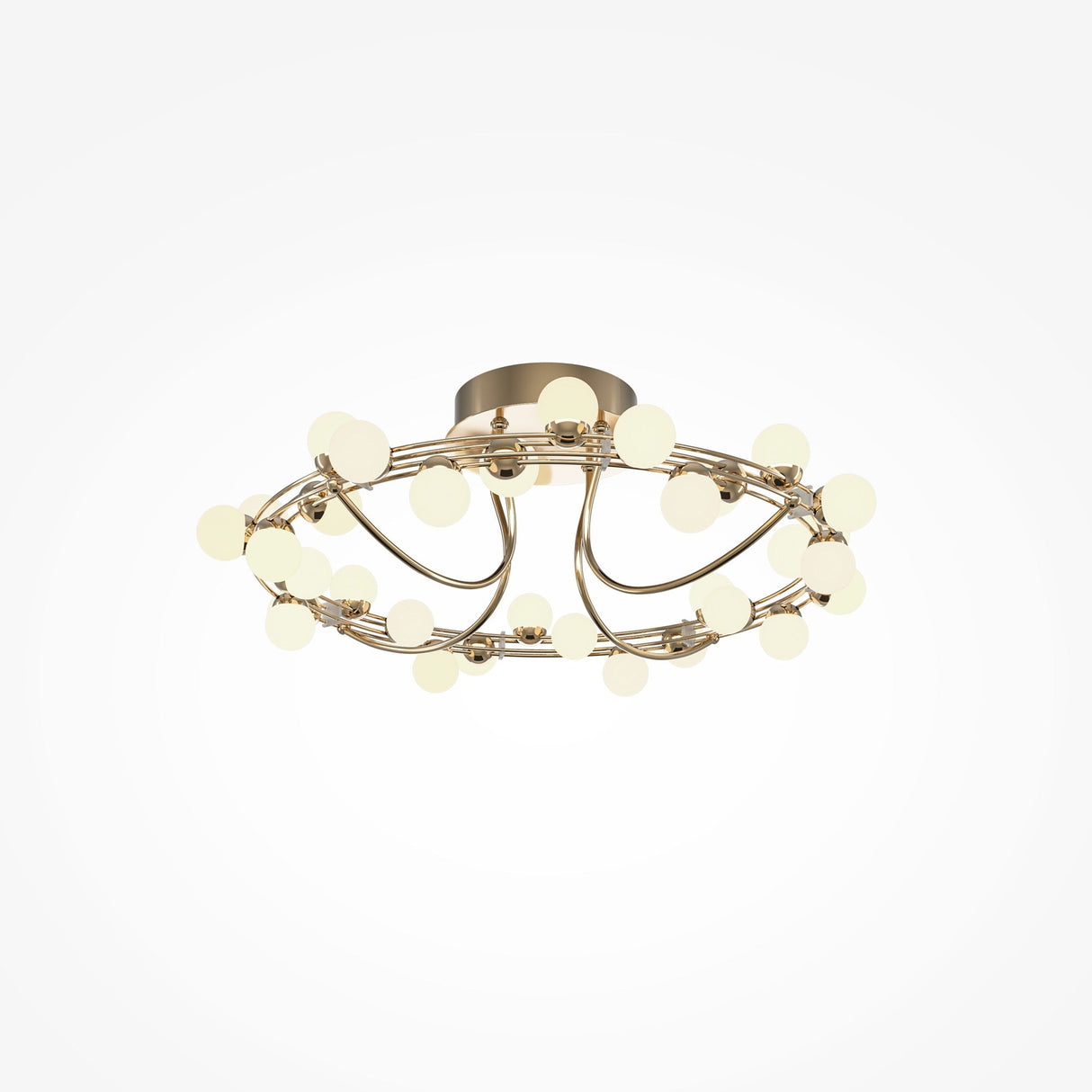 The Tessara LED Semi-Flush Light 3000K 55W - Gold features multiple circular globes on intertwined metal bands for a modern design, emitting a soft, warm glow that offers energy-efficient illumination against a plain white background.