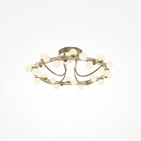 The Tessara LED Semi-Flush Light 3000K 55W - Gold features multiple circular globes on intertwined metal bands for a modern design, emitting a soft, warm glow that offers energy-efficient illumination against a plain white background.