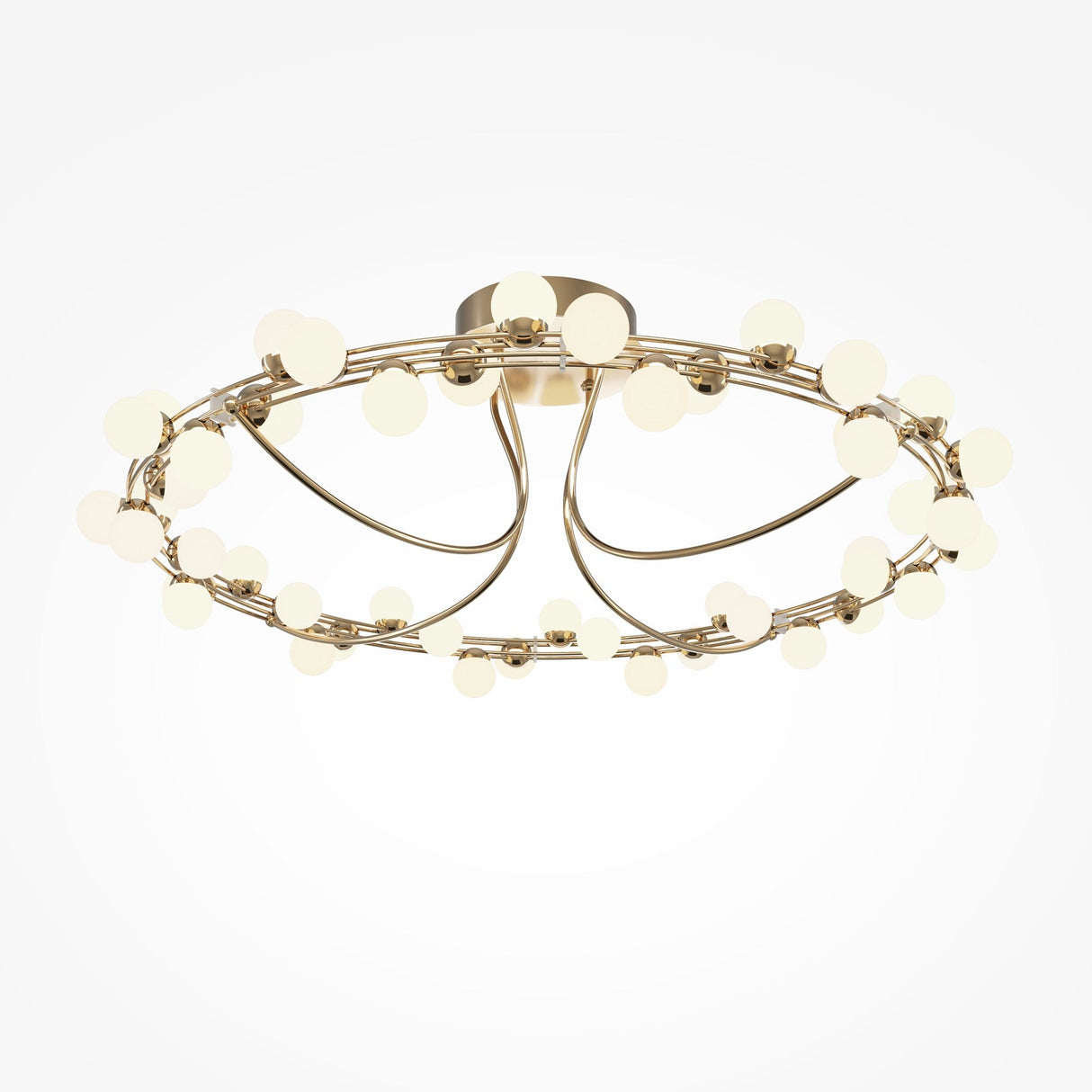 The Tessara LED Semi-Flush Light 3000K 55W - Gold features a modern circular design with interconnected gold rings and evenly spaced small bulbs, casting a warm glow. This fixture embodies an elegant, minimalist style and is energy-efficient.