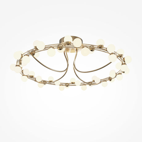 The Tessara LED Semi-Flush Light 3000K 55W - Gold features a modern circular design with interconnected gold rings and evenly spaced small bulbs, casting a warm glow. This fixture embodies an elegant, minimalist style and is energy-efficient.