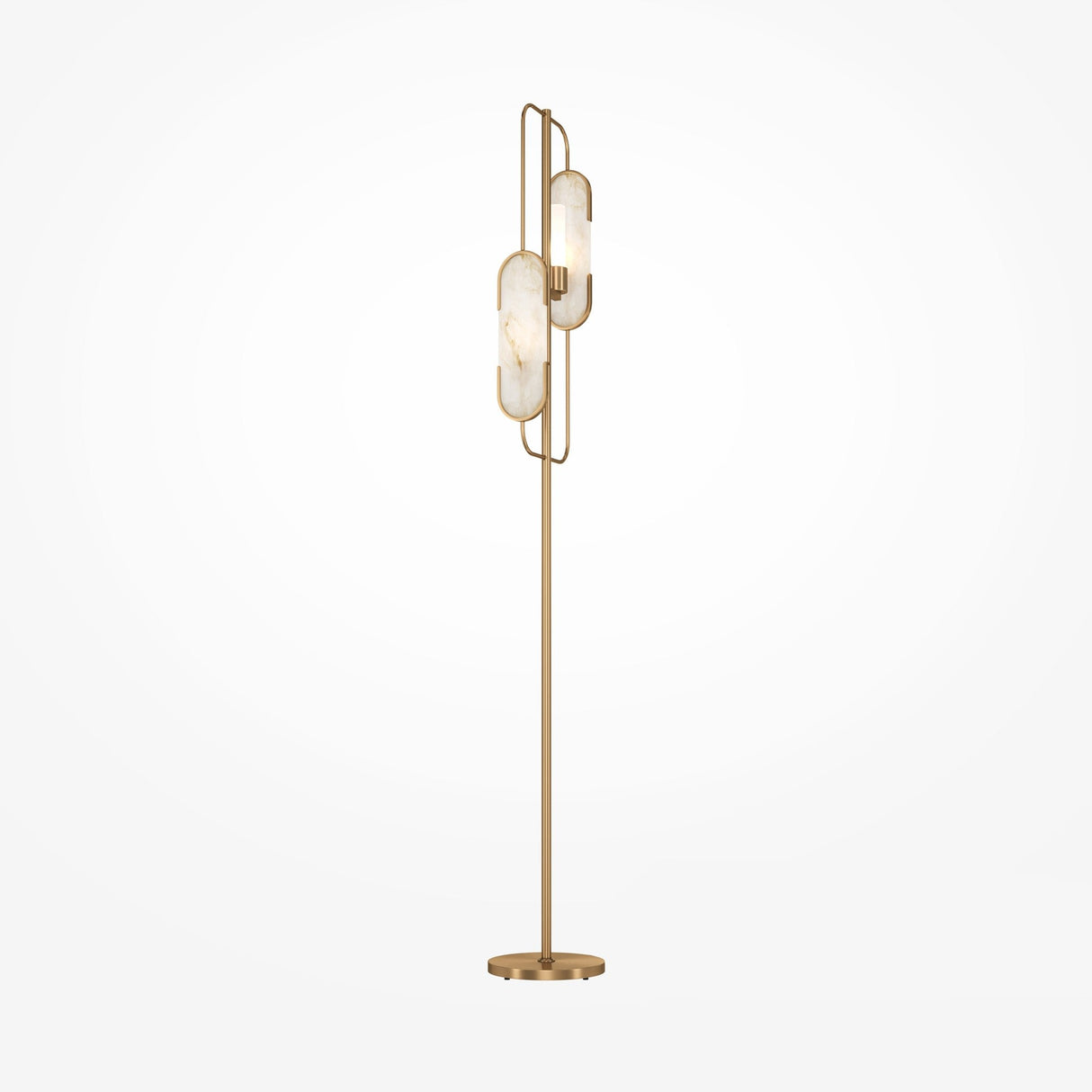The Marmo 2 Light Floor Lamp - Brass features a slim brass frame with two abstract elongated light fixtures. It includes a natural stone accent, standing on a round base against a white backdrop—ideal for modern interiors.
