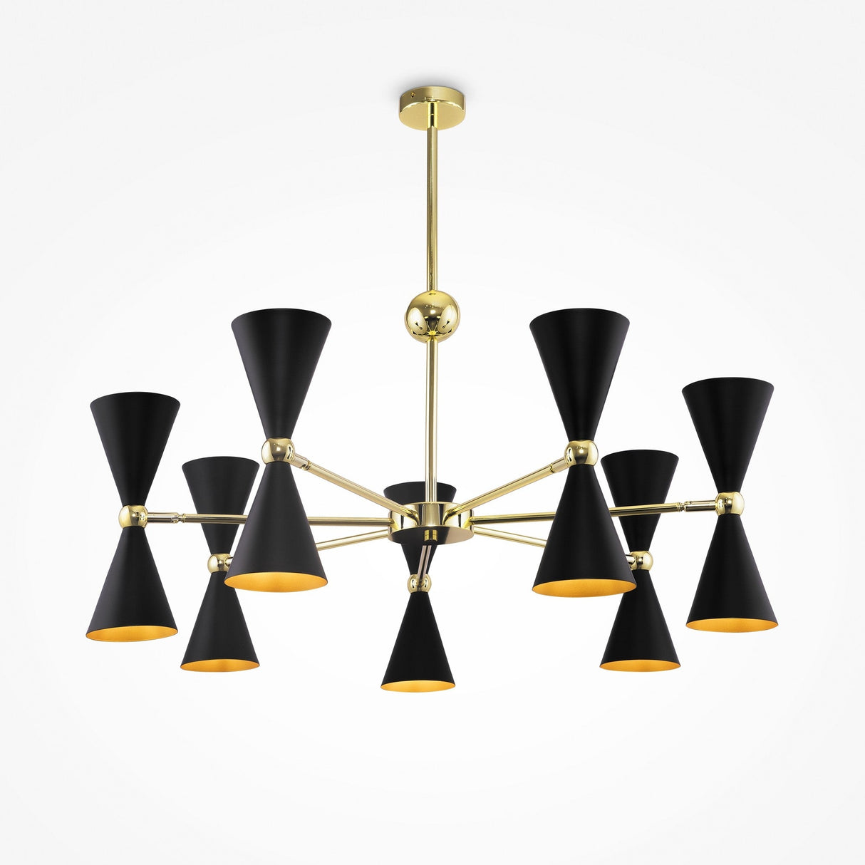 The Vesper 14 Chandelier features a sleek gold frame with eight black cone-shaped lamps, elegantly suspended by a single gold rod against a white background.