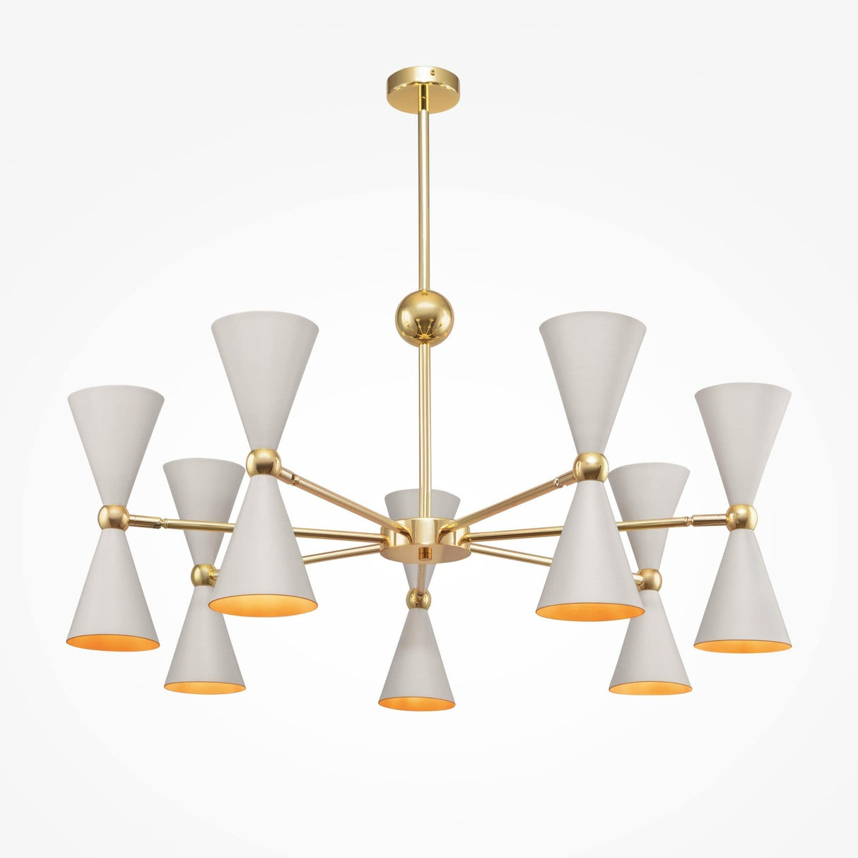 The Vesper 14 Chandelier - Gold & White features a modern design with a gold frame and eight conical white lampshades in a circular layout, emitting a warm yellow glow elegantly hanging from a sleek gold rod.