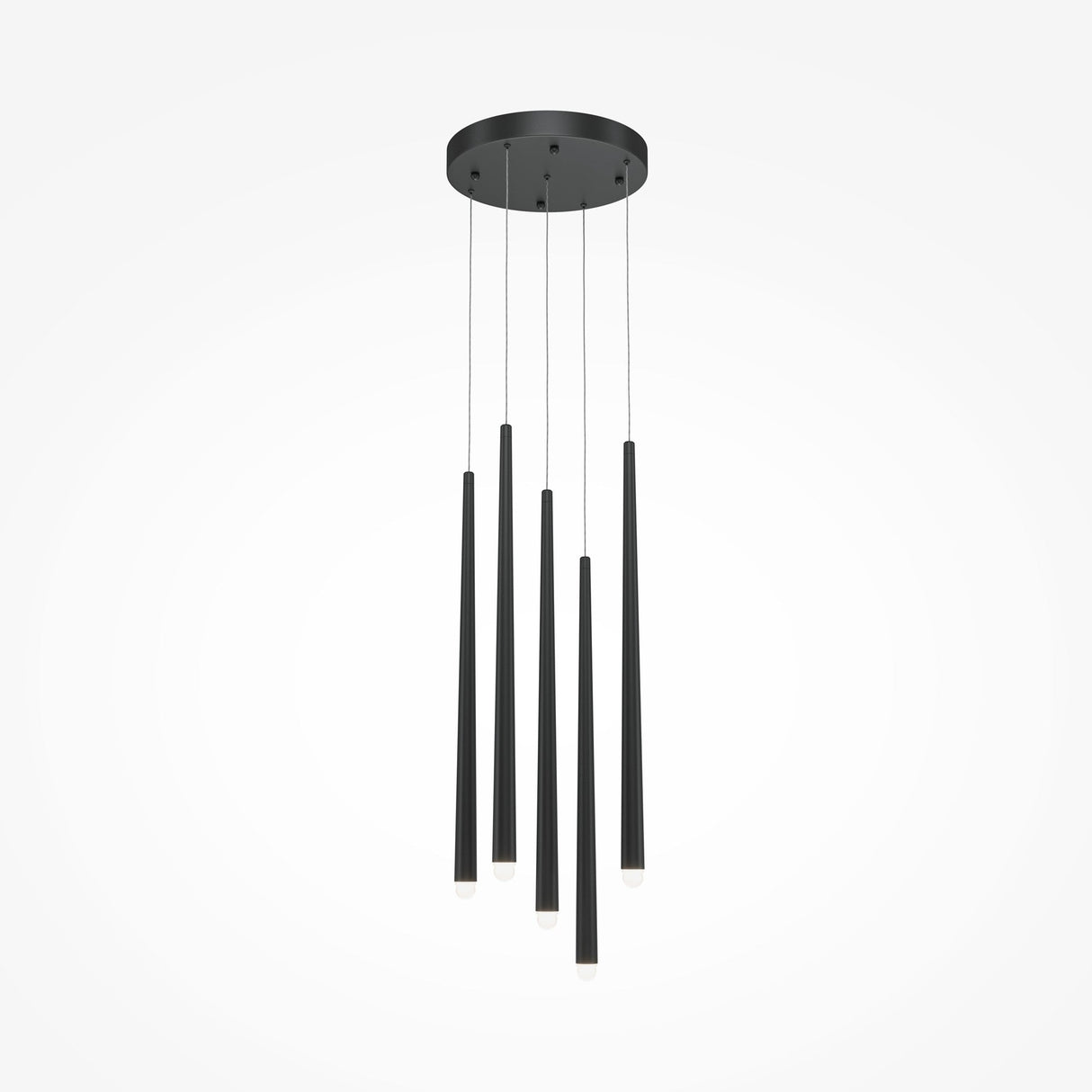 The Cascade CCT Dimmable LED Cluster Pendant Light features six elongated black rods hanging at varied lengths from a circular ceiling mount. With 31W dimmable LED technology and white tips, these rods form a staggered design against a plain white background. Color temperature range: 3000-4000K.