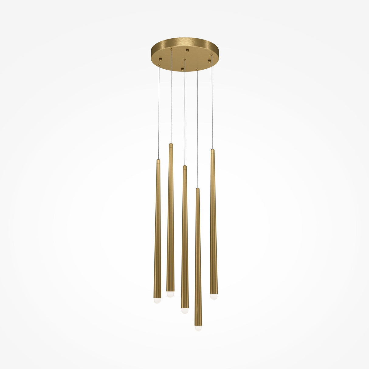 The Cascade CCT Dimmable LED Cluster Pendant Light 31W 2600-3500 K in Brass boasts a modern design with five elongated cylindrical fixtures hanging at varying lengths from a round base and tapering ends, offering adjustable lighting tones against a plain white background.