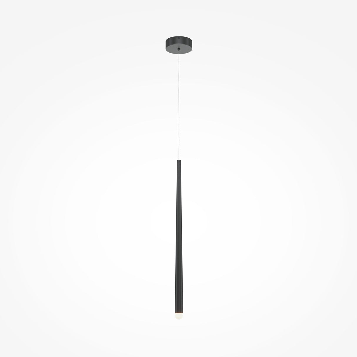 The Cascade Dimmable LED Single Pendant Light in black boasts a sleek, tapered design with dimmable technology. Hanging from a thin cord attached to a round ceiling fixture, it combines minimalist style with energy efficiency and stands out against a white background.