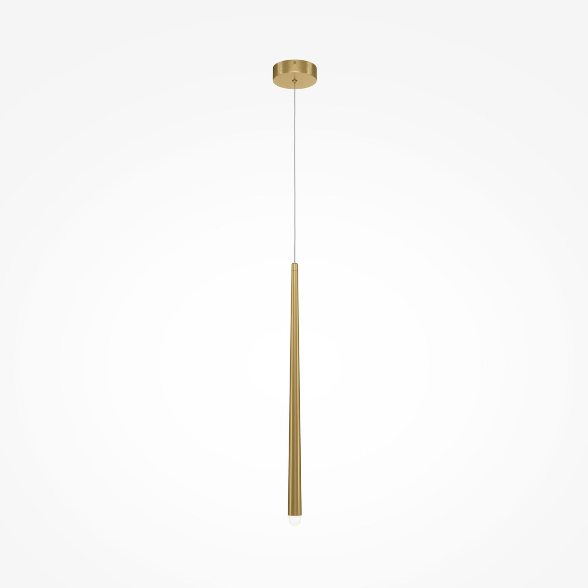 The Cascade Dimmable LED Single Pendant Light - Brass features a sleek, modern design with a long, slender gold-colored body and brass finish. It hangs on a thin wire and showcases a smooth, tapered form that emits light from the bottom end with dimmable functionality for perfect ambiance.