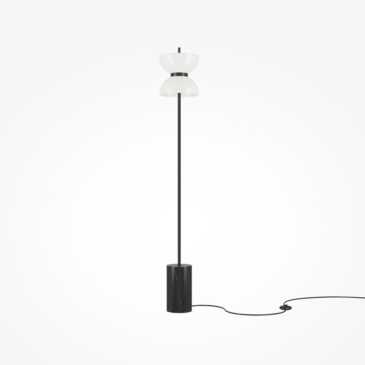 The Kyoto LED Floor Lamp - Black has a minimalist design with a slim black stand, sleek marble base, and double-cone white lampshade for energy-efficient lighting, complemented by a black power cord against a plain light background.