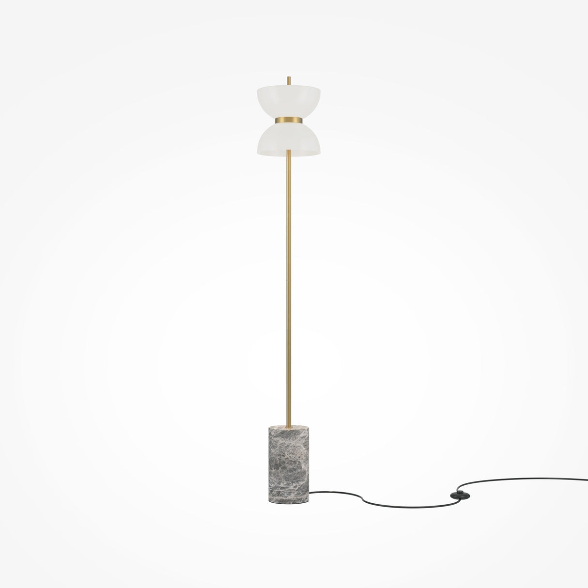 Meet the Kyoto LED Floor Lamp - Gold & Grey, a stunning piece with a thin gold pole, duotone shade, and cylindrical gray marble base. Inspired by Japanese design, it features an elegant black power cord for a chic look.