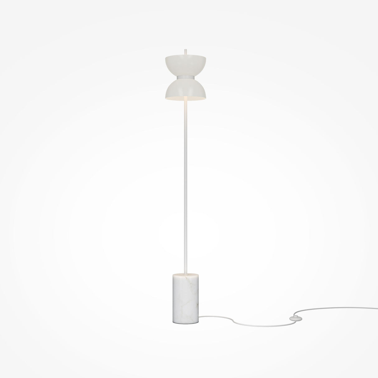 The Kyoto LED Floor Lamp - White boasts a minimalist design with a slim white pole linking a double dome shade to a sleek marble base. A power cord extends from the base, providing soft ambient light.