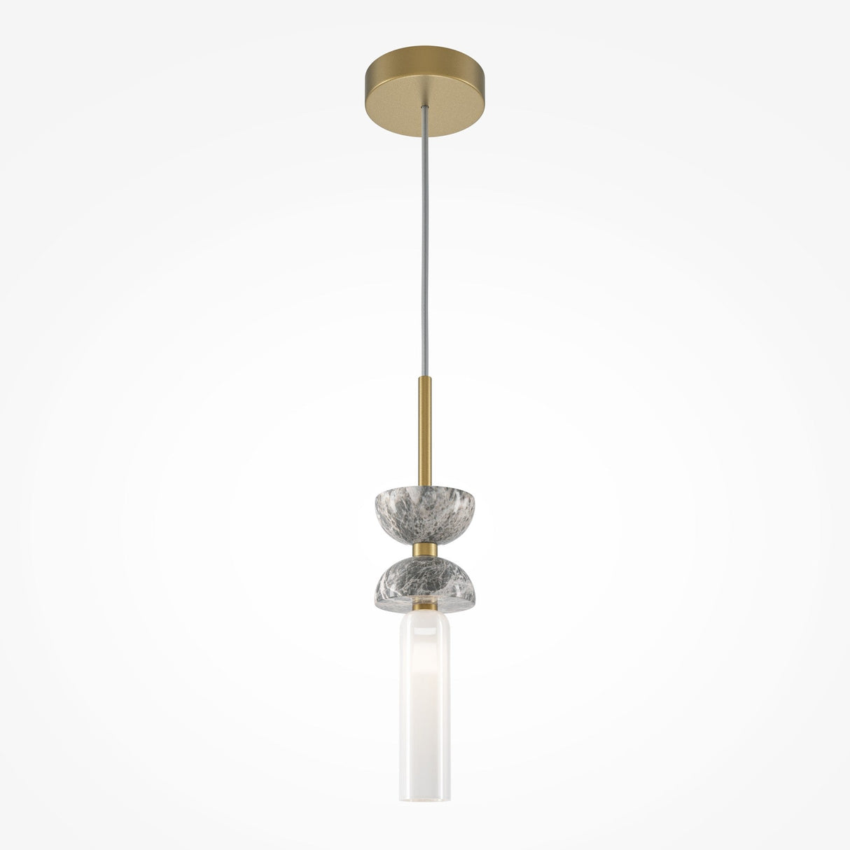 The Kyoto Pendant Light - Gold & Grey Marble Base radiates modern elegance with its sleek gold frame, speckled gray stone accents, and elongated frosted white glass shade. It hangs gracefully from a thin cord against a pristine white backdrop.