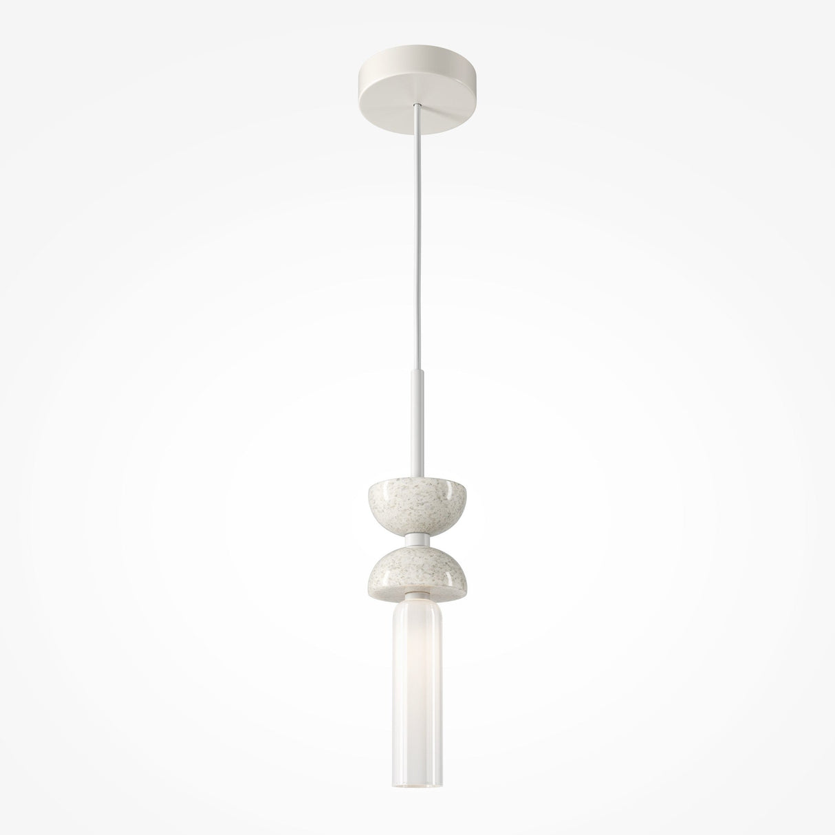 Check out the Kyoto Pendant Light - White & White Marble Base, a modern fixture with a minimalist vibe. It showcases a slim cylindrical bulb beneath two textured, bowl-shaped elements, all suspended by a white cord from a round ceiling canopy.