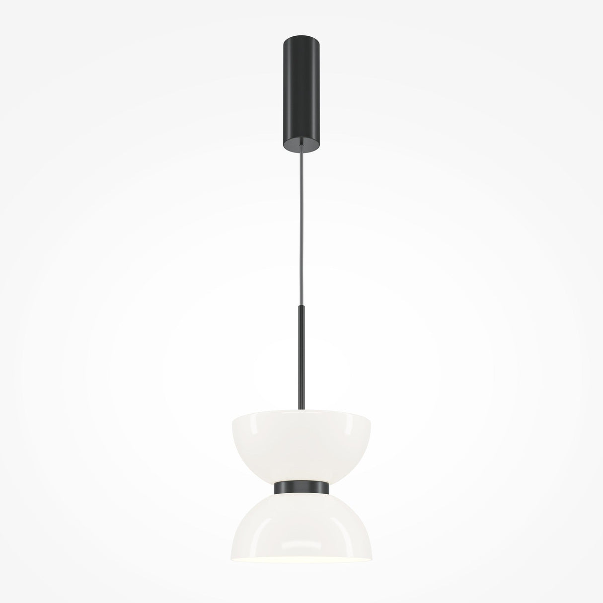 The Kyoto LED Pendant Light - Black With Glossy White Glass is a minimalist masterpiece featuring a sleek black cylindrical ceiling mount, central rod, and two outward-facing white bowl-shaped shades. Its energy-efficient LED lighting adds modern elegance.