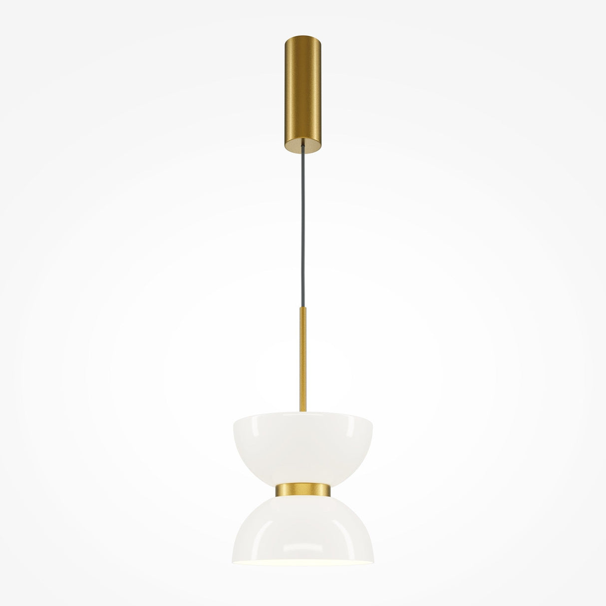 The Kyoto LED Pendant Light combines a glossy white bowl-shaped shade with a golden rod and fixture, featuring symmetric curves and minimalist design. It hangs from a black wire attached to a cylindrical gold mount, perfect for modern interiors needing energy-efficient lighting.