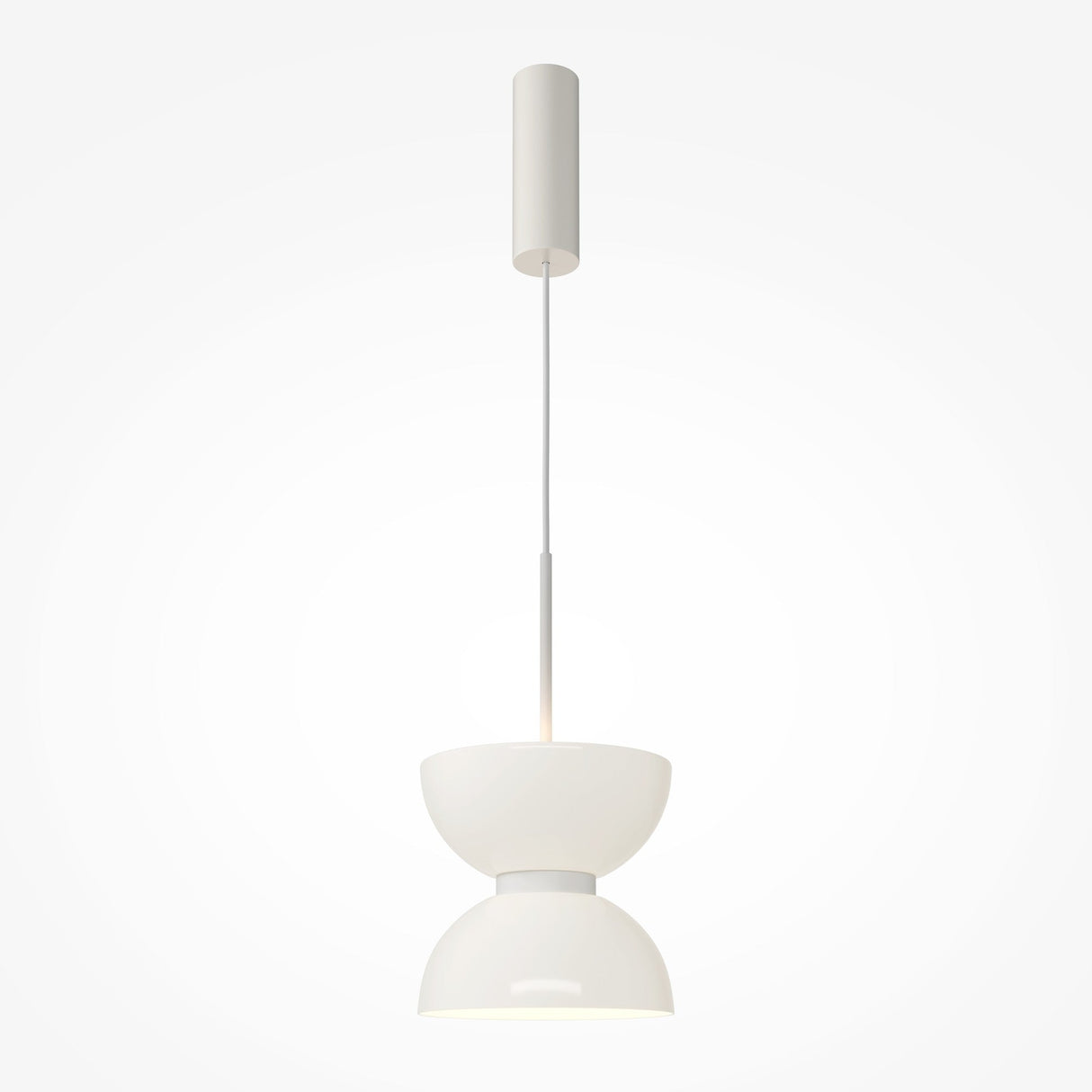 The Kyoto LED Pendant Light in glossy white glass is a modern, energy-efficient fixture featuring a minimalistic design with a double-layered bowl shape. It directs light both upwards and downwards from a single cord and has an elegantly cylindrical ceiling mount.