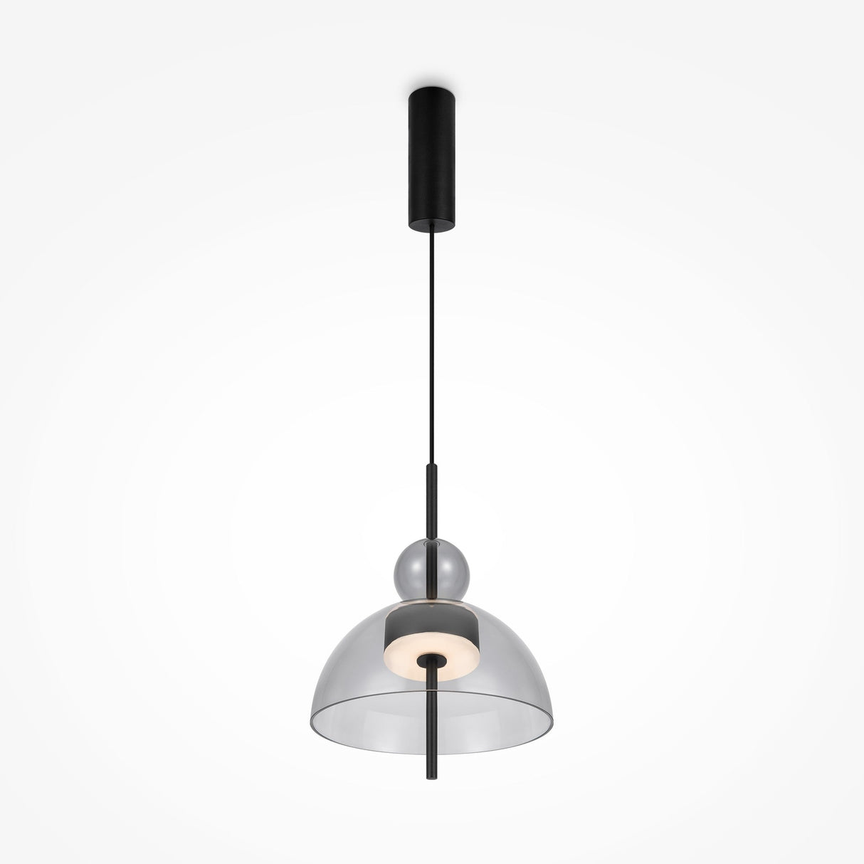 The Bangkok LED Pendant Light 25cm features a sleek design with a black rod, central glass sphere, and round grey glass shade. It hangs elegantly from a black cylindrical attachment against a white background, ideal for modern interiors.