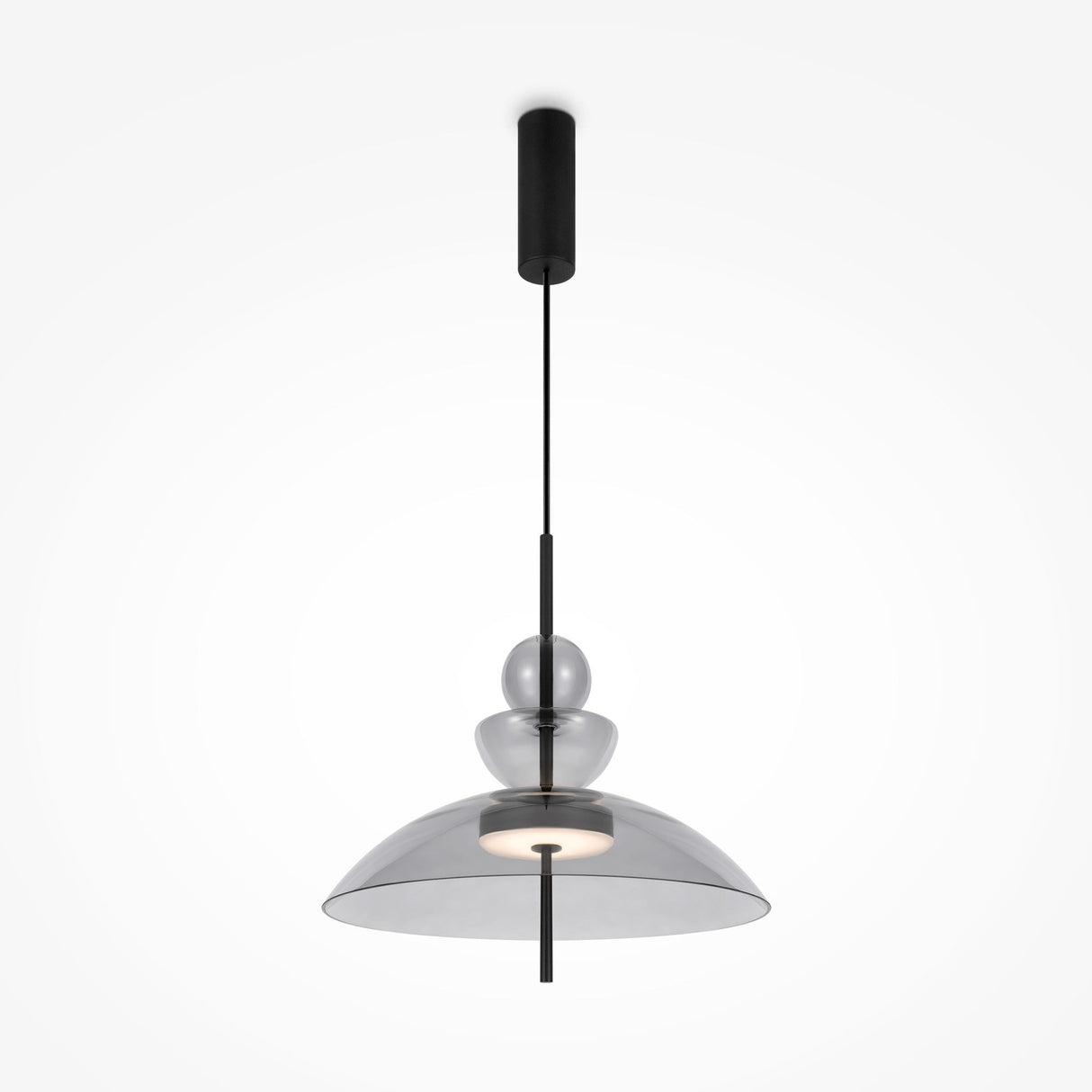 The Bangkok LED Pendant Light 40cm features a sleek black metal rod and grey glass shade shaped like two spheres above a wide cone, part of our modern lighting collection. It hangs elegantly with a cylindrical mount.