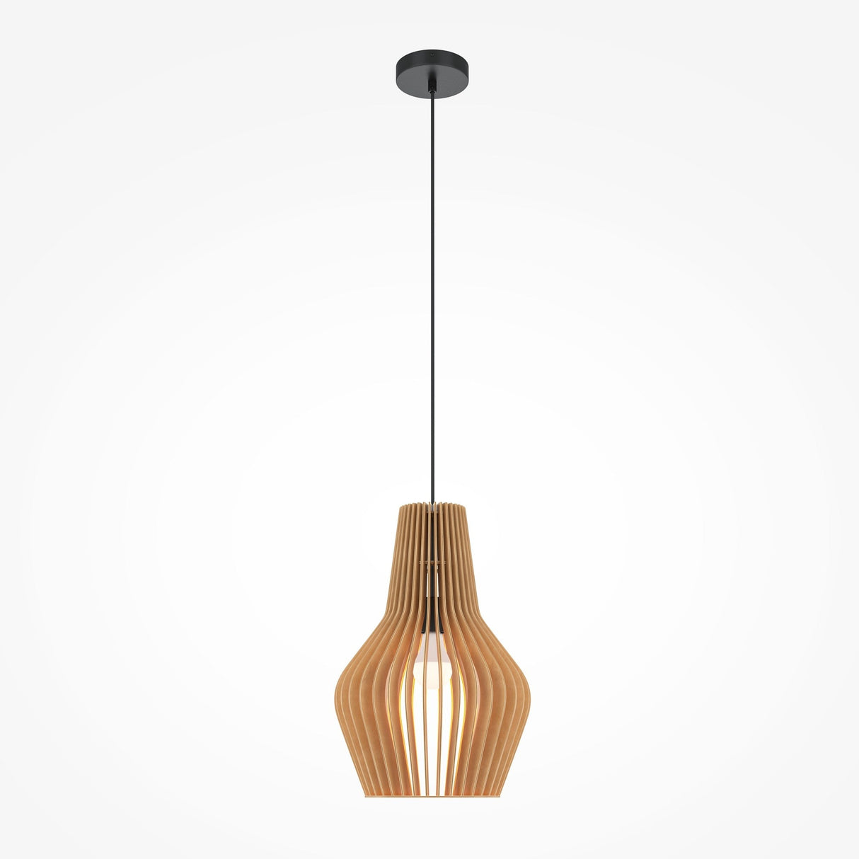 The Roots Pendant Light from the modern nature collection features a 30cm sculptural black-and-beige wooden cone dome shade. Vertical slats contribute to its elegant, curved design as it gracefully hangs from the ceiling.