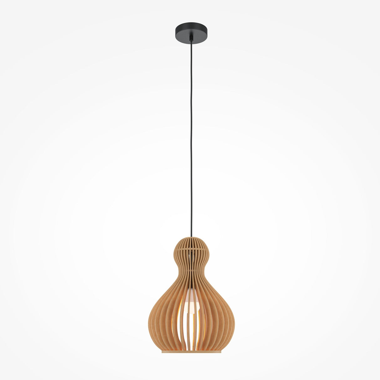 The Roots Pendant Light 30cm features a captivating beige wooden round dome shade with a cage-like design. Hanging elegantly from a thin black cord, its bulb is visible through the slats, creating a stylish focal point against a plain white background.