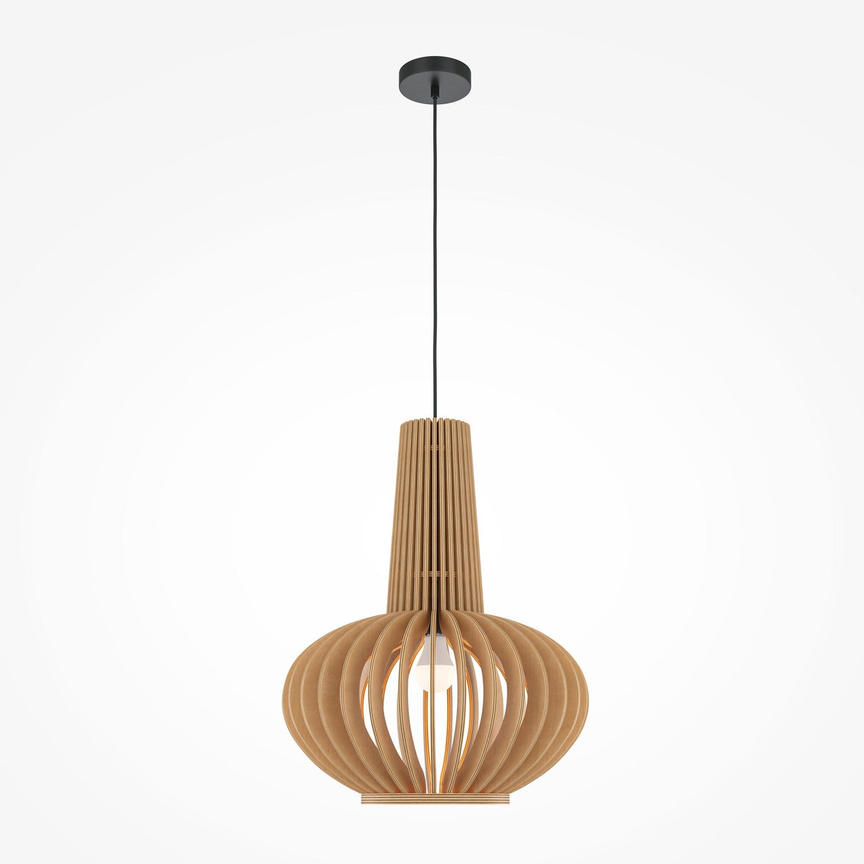 The Roots Pendant Light 35cm - Black with a Beige Wooden Oval Shade features a modern design with vertical wooden slats forming a globe-like shape, elegantly suspended by a black cord from a sleek ceiling mount.