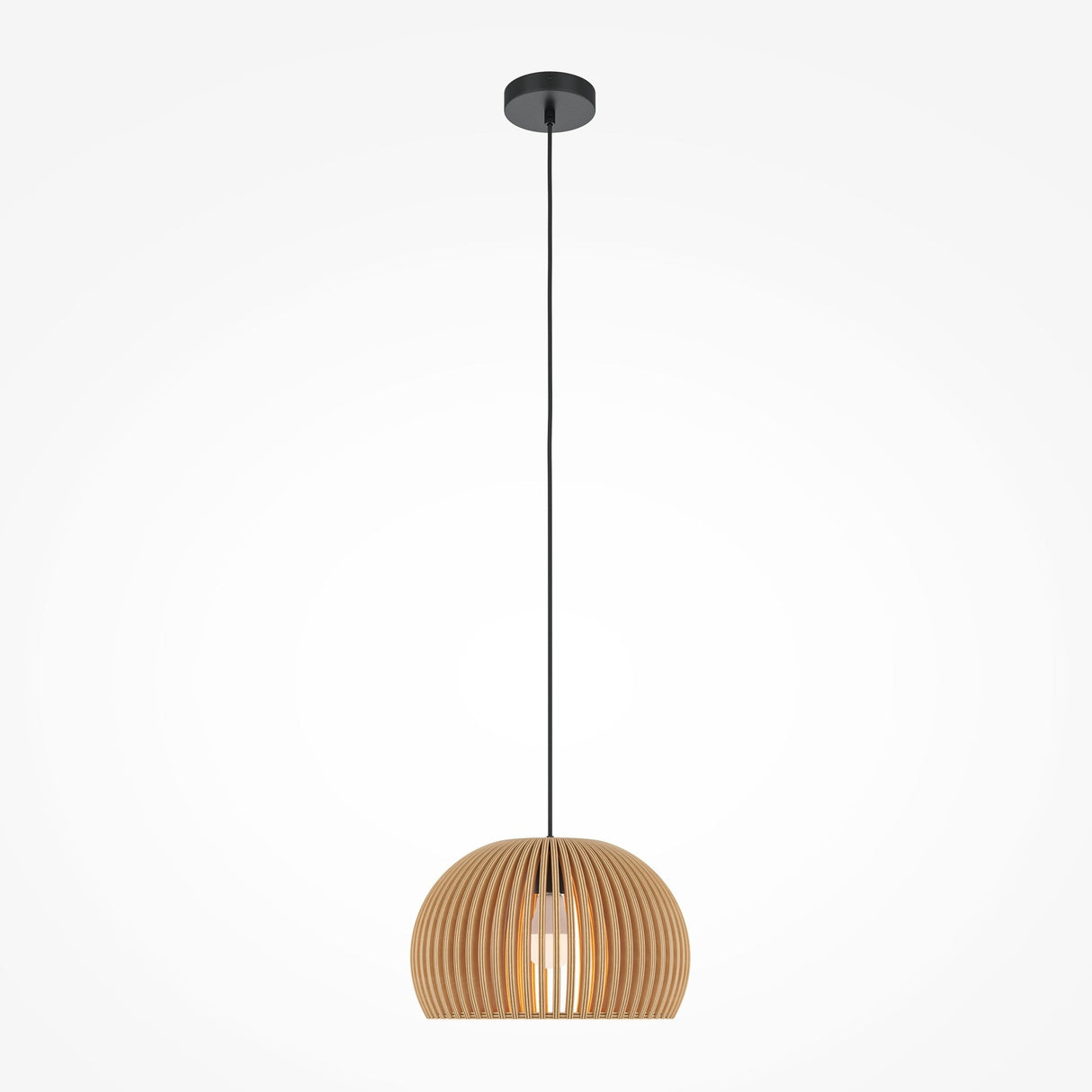 The Roots Pendant Light 33cm features a modern design, showcasing a beige wooden half-dome shade and a long black cord against a white background.
