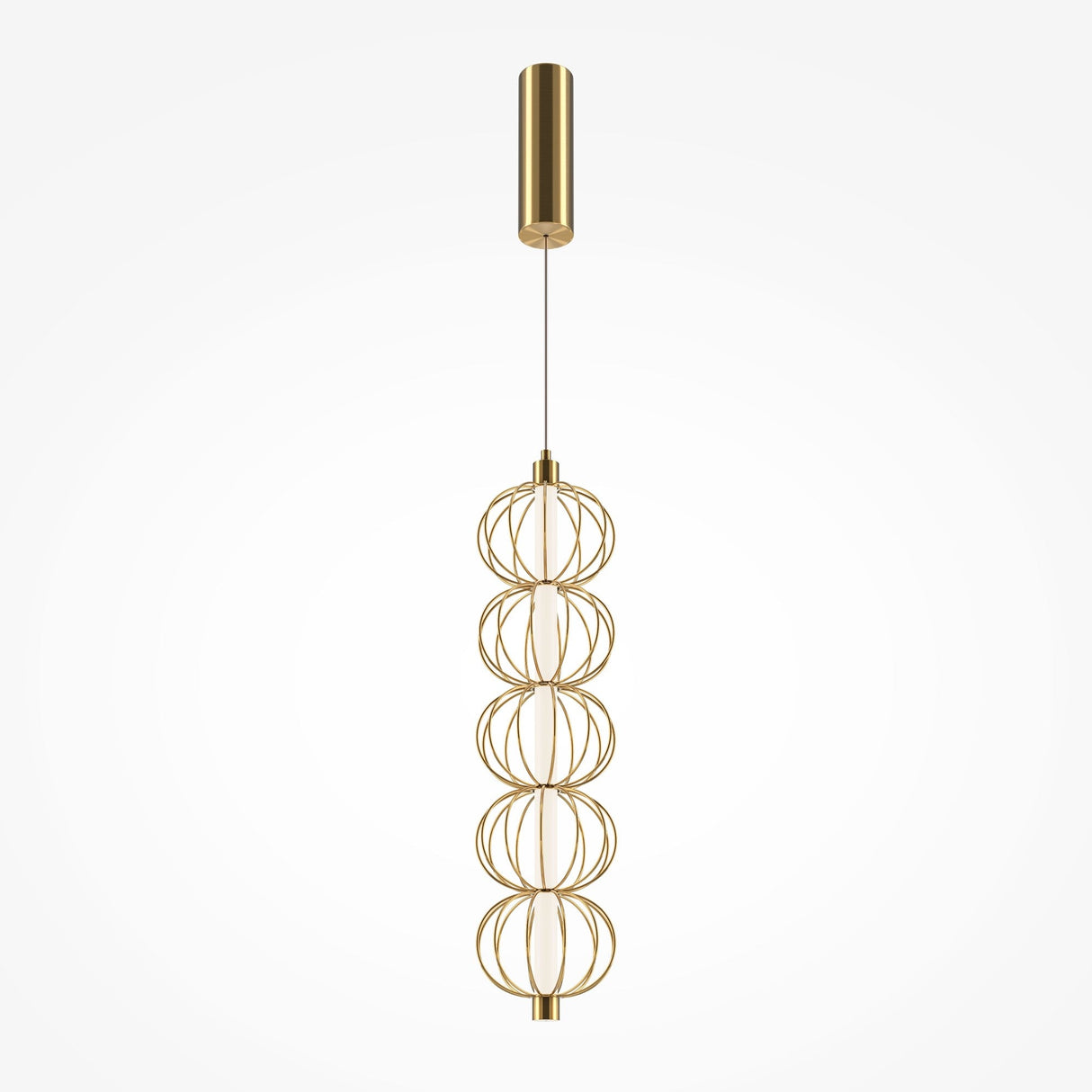 The Golden Cage LED Pendant Light - Gold With Wire Spheres features a modern gold finish with stacked wire spheres, suspended by a cable from a cylindrical ceiling mount. It incorporates energy-efficient LED technology for an elegant and sustainable lighting solution.