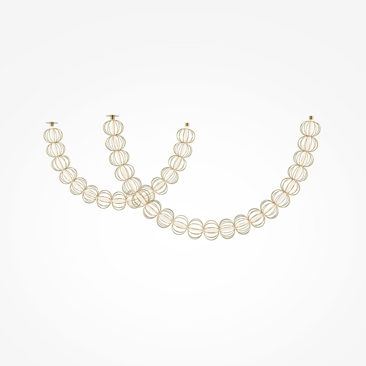 The Golden Cage LED Cord Wire Hidden-Mount Suspension Light features a modern design with three semi-circular arms, each adorned with gold wire spheres. Its minimalist and symmetrical, designed to be mounted discreetly against a plain white background.