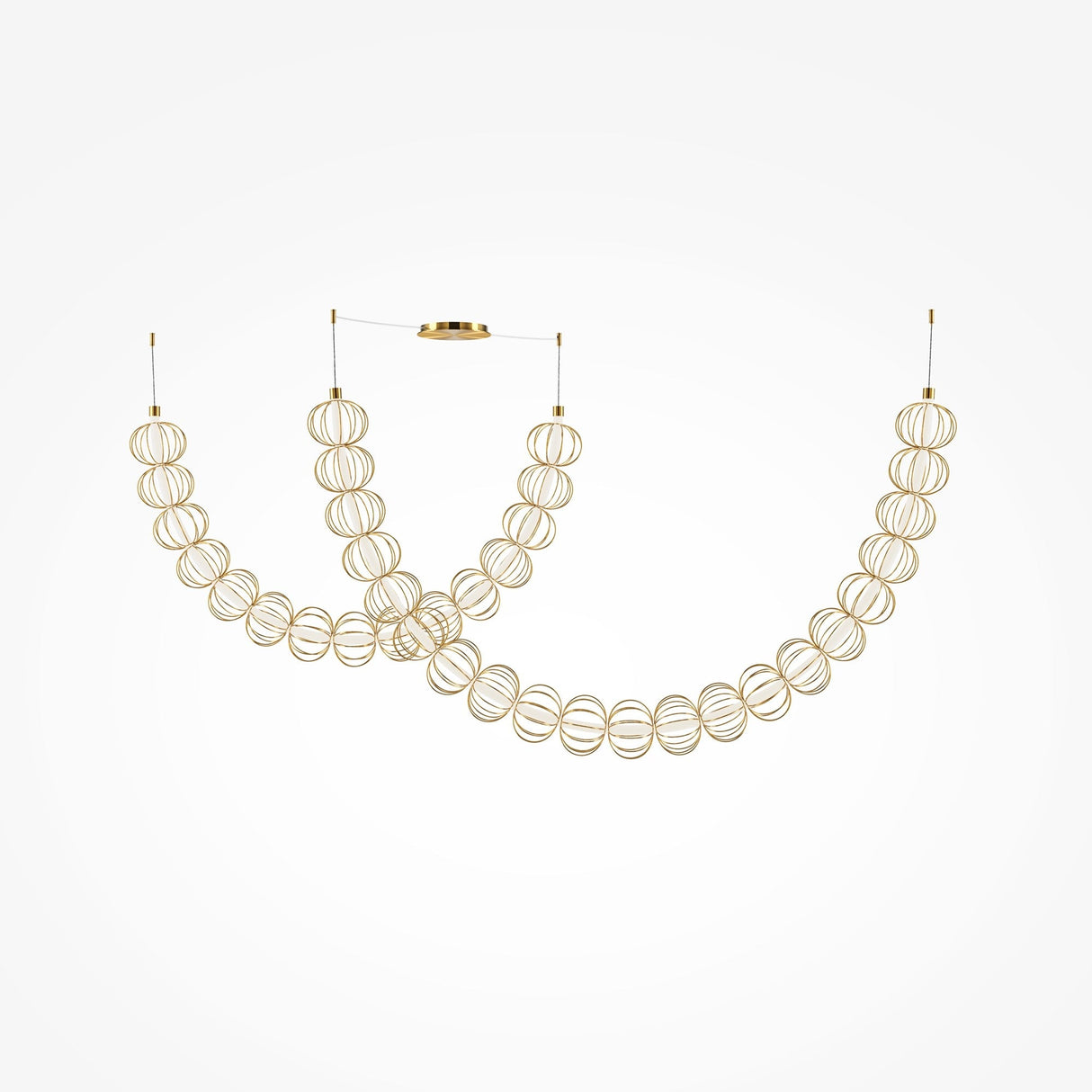 The Golden Cage LED Cord Wire Surface-Mount Suspension Light showcases two curved rows of geometric, spherical gold elements resembling a cage, suspended by thin wires from the ceiling to create a modern effect against a white backdrop.