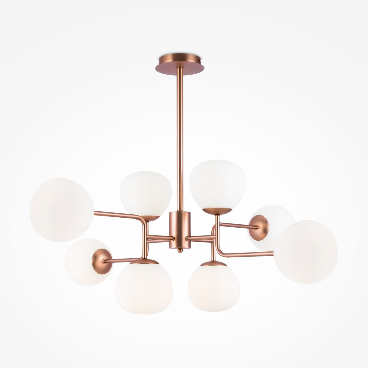 The Erich 8 Light Chandelier features a central copper stem with eight arms, each holding a frosted white globe-shaped light, enhanced by a gold finish. Its symmetrical design radiates from the center and offers adjustable height for versatile elegance.