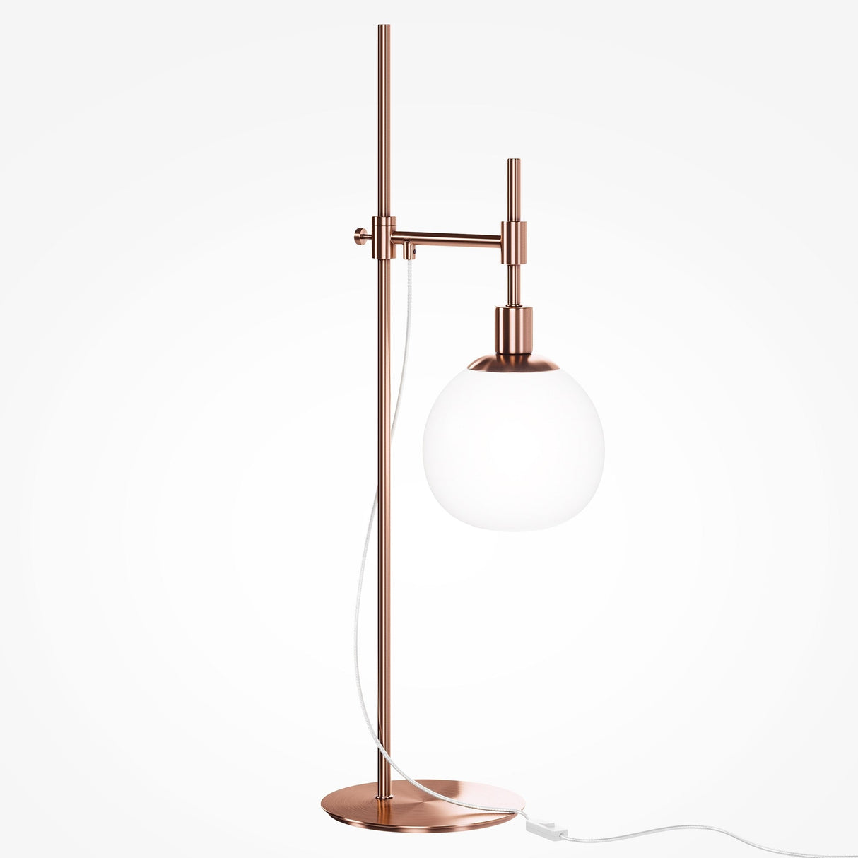 The Erich Adjustable Table Lamp in gold features a slender stand with a sleek finish and a round white glass shade. Its adjustable arm allows for perfect positioning, while the white power cord subtly blends against a plain white background.