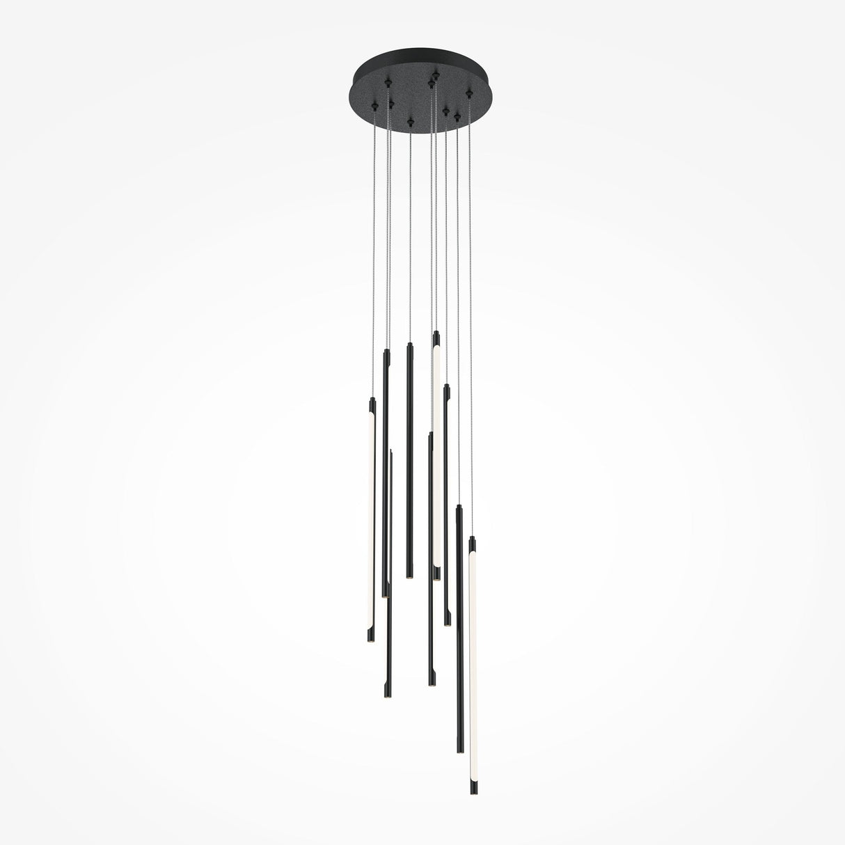 The Light Stick LED Dimmable Pendant - Black features a modern chandelier with a black circular base, minimalist elegance, and multiple cylindrical light fixtures at varying lengths for soft, energy-efficient lighting.
