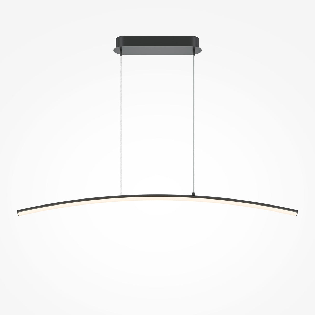 The Light Reflection LED Dimmable Linear Suspension Light features a curved horizontal bar hung by two thin wires from a rectangular base. Its sleek, minimalist black finish and adjustable 3000-4000K color temperature create a striking contrast against a plain white background.