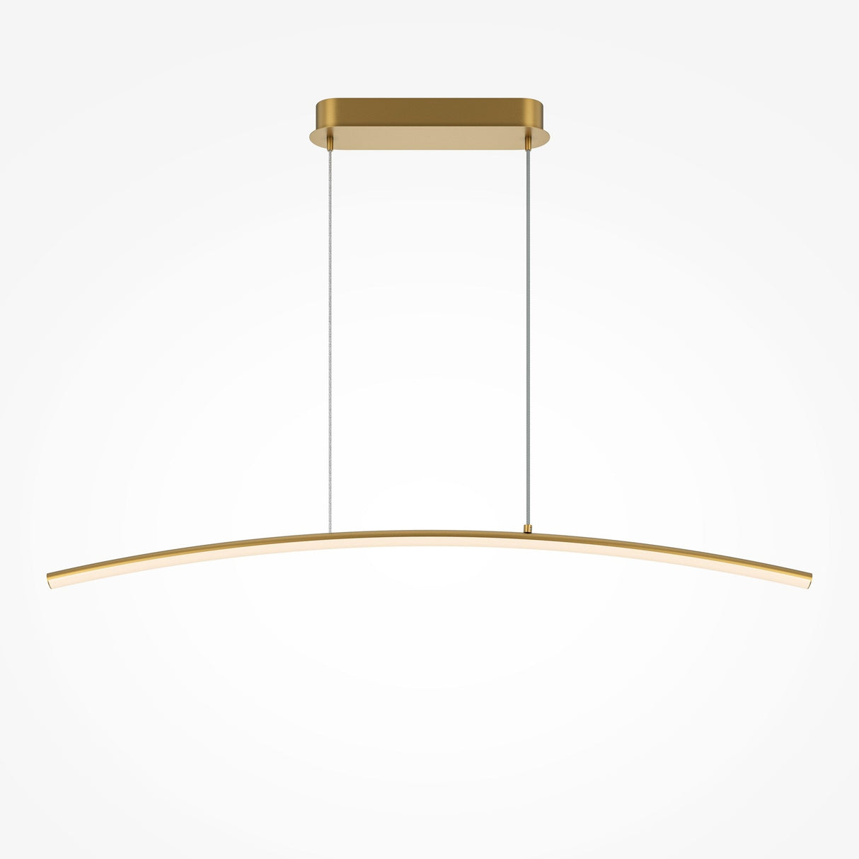 The Light Reflection LED Dimmable Linear Suspension Light 2600-3500K - Brass features a minimalist gold pendant with a sleek curved design. Its suspended by two thin wires on a rectangular ceiling mount, offering customizable lighting against a plain white backdrop.
