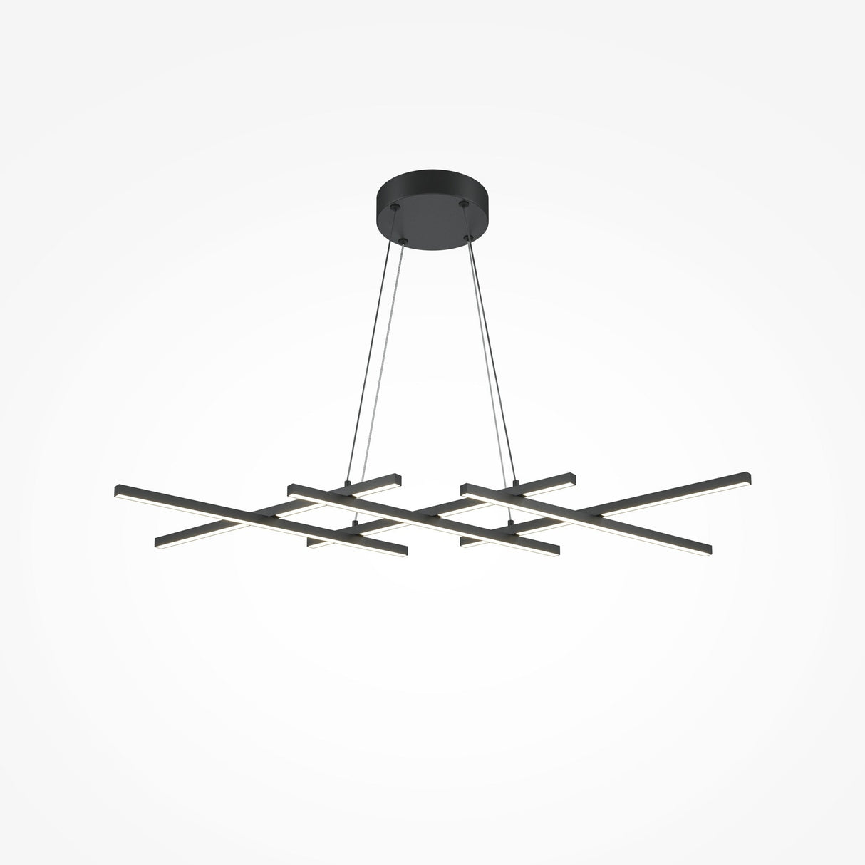 The Halo Dimmable LED Suspension Light (3000-4000K) features a modern geometric design with four intersecting horizontal bars and a circular ceiling mount. This minimalist black LED chandelier emits energy-efficient, dimmable lighting.
