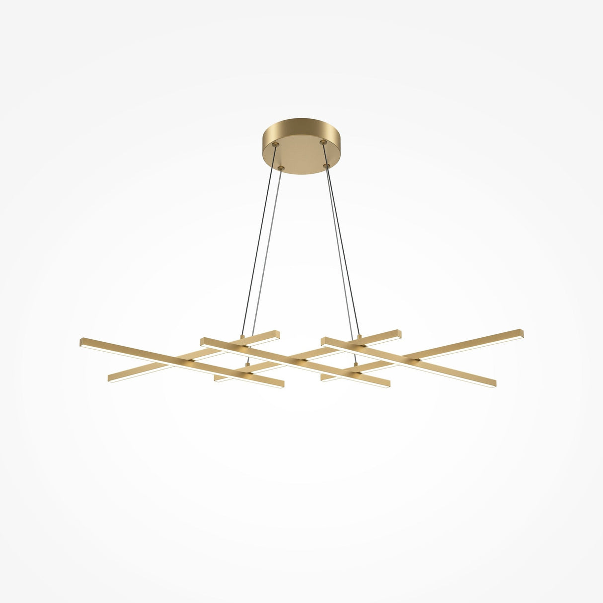 The Halo Dimmable LED Suspension Light in brass features a modern, geometric design suspended by four thin wires from a round base. With adjustable color temperature (2600-3500K) and dimmable capabilities, its ideal for creating the perfect ambiance against a white background.