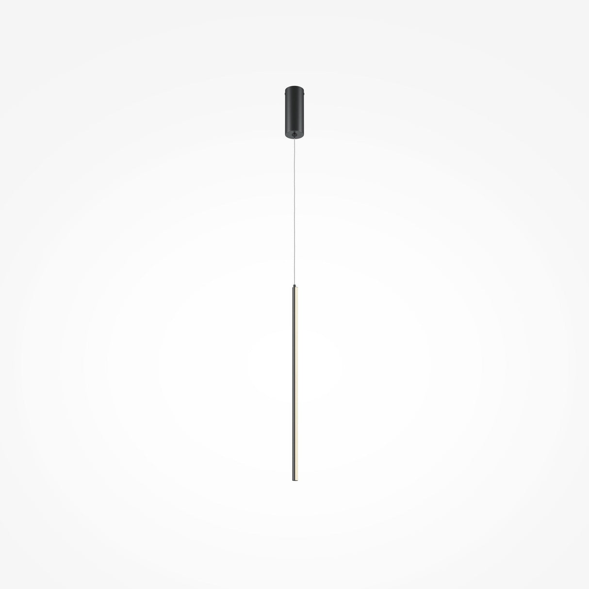 The Halo Dimmable LED Short Slim Pendant Light 11W 3000-4000K in black features a minimalist design with a thin vertical rod suspended by a slender cable from a small, cylindrical ceiling mount on a white background, offering energy-efficient lighting for modern spaces.