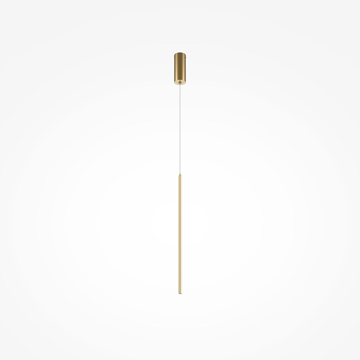 The Halo Dimmable LED Short Slim Pendant Light in brass, featuring an 11W power and adjustable 2600-3500K color temperature, boasts a sleek cylindrical design on a thin wire with a round ceiling mount against a white background, adding energy-efficient elegance to any space.