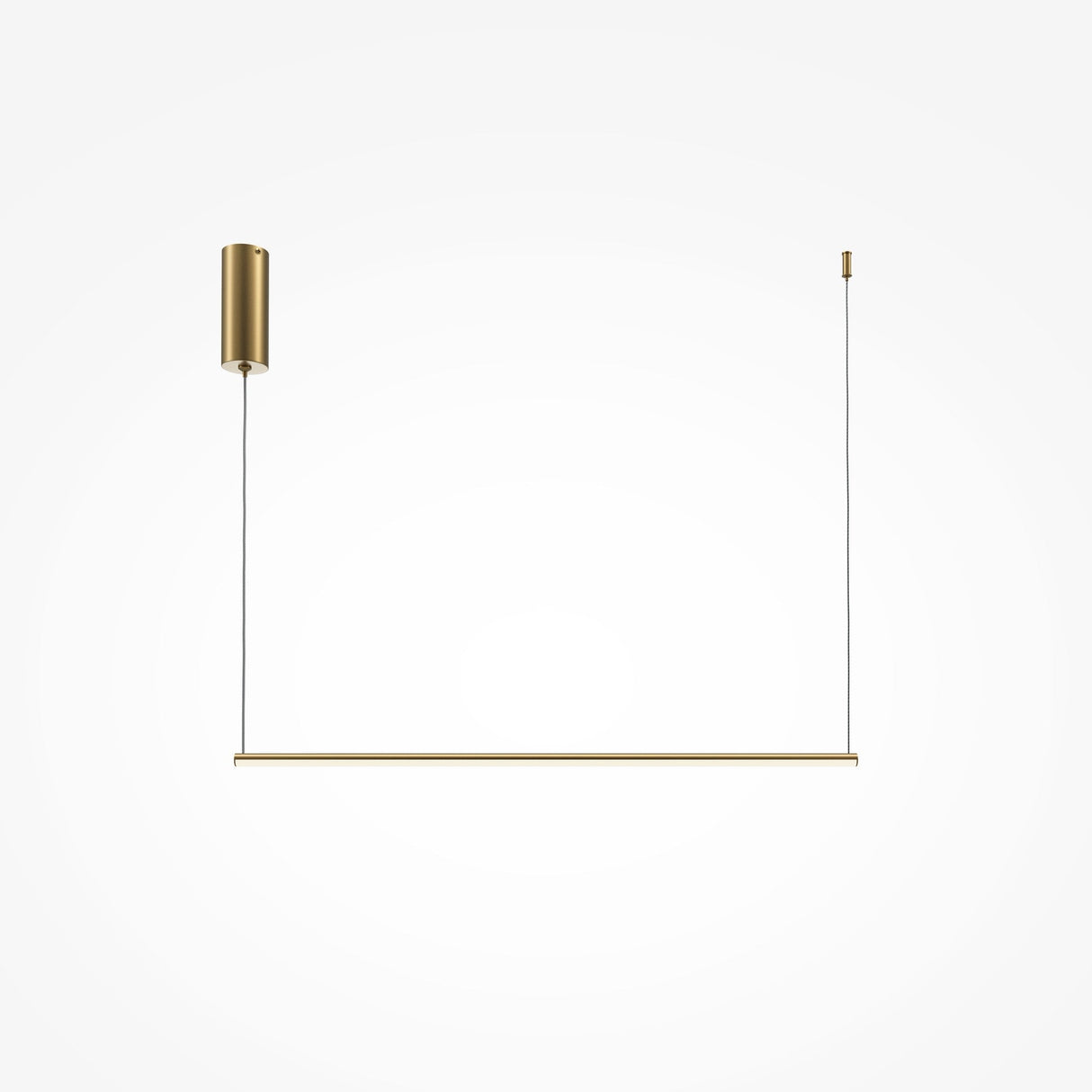The Halo Dimmable LED Short Linear Suspension Light 2600-3500K - Brass features a minimalist design with gold-colored finish, a cylindrical mount, and two thin wires suspending a horizontal bar. It stands out against the plain white background.