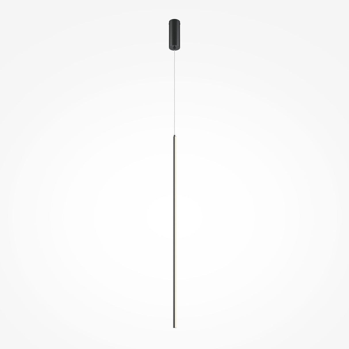 The Halo Dimmable LED Long Slim Pendant Light features a minimalist, elongated design with a dark upper portion and slender rod, creating a sleek, modern lighting effect against a plain white background. .