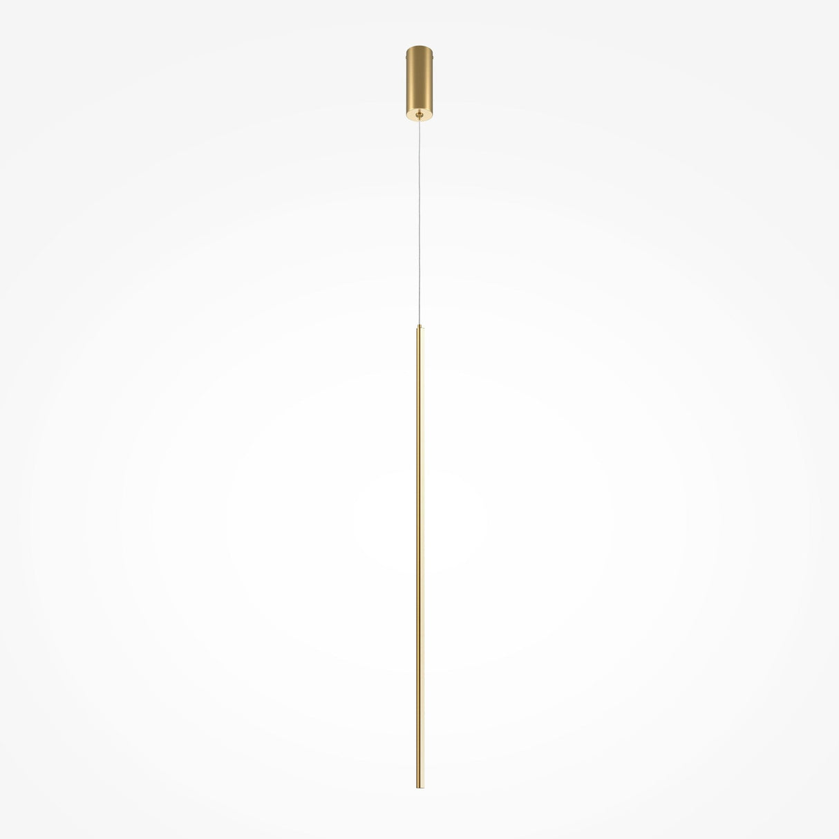 The Halo Dimmable LED Long Slim Pendant Light (15W, 2600-3500K) in brass features a minimalist design, hanging from a thin wire attached to a small cylindrical ceiling fixture. Its dimmable for versatile lighting options against a plain white background.