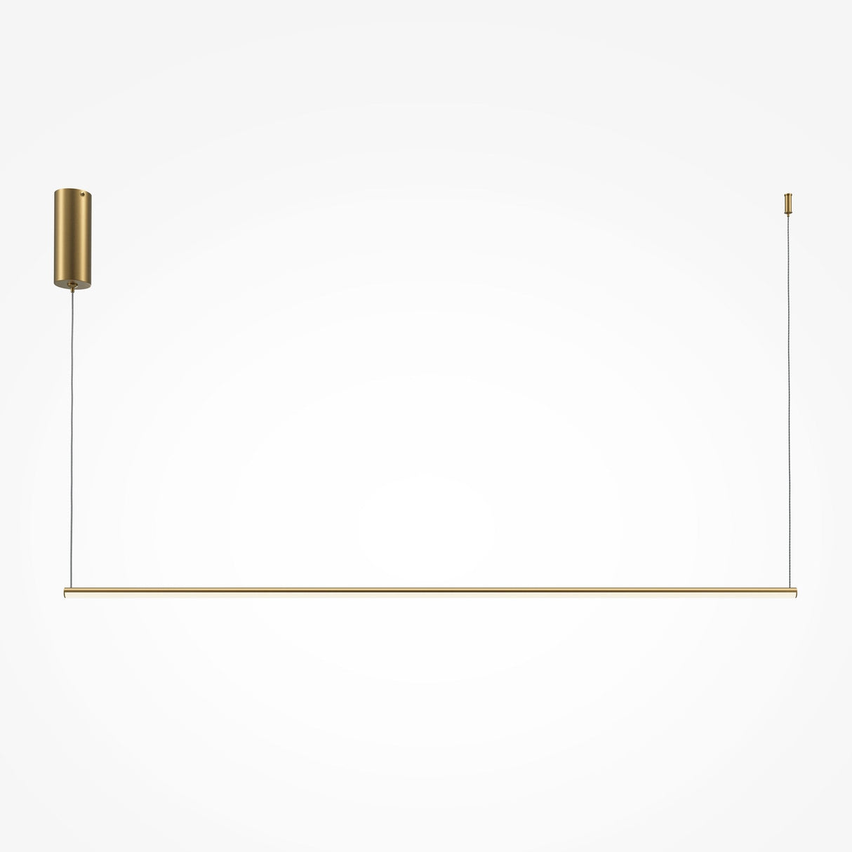 The Halo Dimmable LED Long Linear Suspension Light in Brass, with a color temperature of 2600-3500K, features a minimalist design. It includes a cylindrical base and thin horizontal rod connected to the ceiling mount by two wires, offering a sleek modern look against a plain white background.